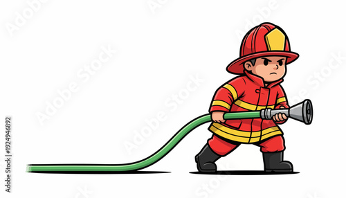 Brave Young Firefighter Character Holding Water Hose in Action.