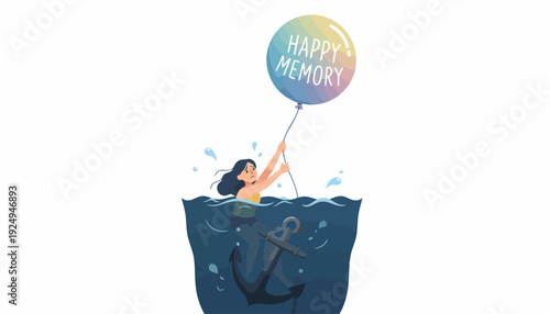 Woman holding balloon with Happy Memories text, emerging from water.