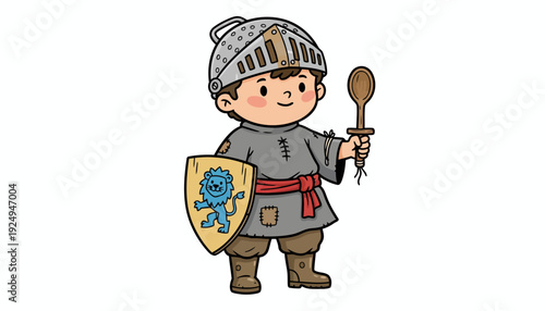 Brave Young Knight Boy Holding Spoon Sword and Shield.