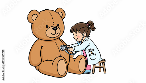 Little Girl Doctor Examining Teddy Bear with Stethoscope Playful Illustration.