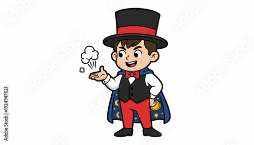 Young Magician Performing Trick with Smoke and Top Hat.