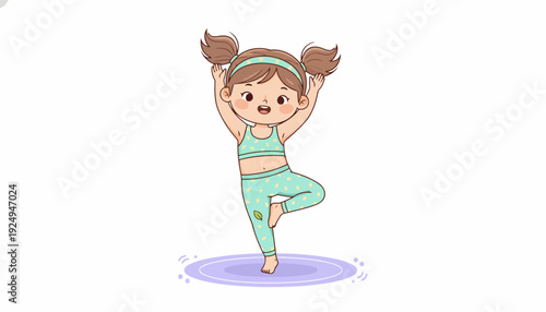 Cute Little Girl Practicing Yoga Tree Pose.