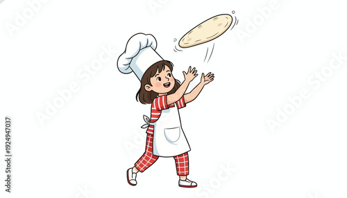 Young Girl Chef Tossing Pizza Dough with Joyful Expression.