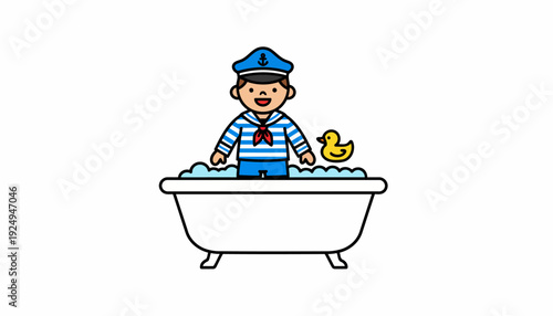 Happy young sailor boy in a bathtub with bubbles and a rubber ducky.