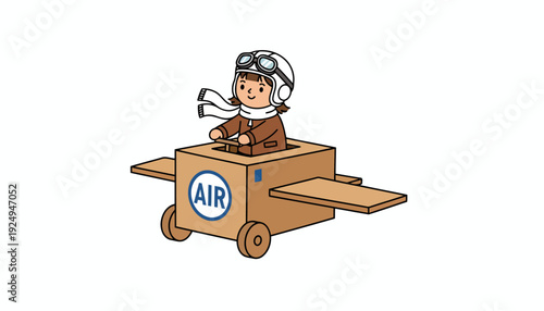 Child Pilot in Cardboard Airplane Flying Imagination Playtime.