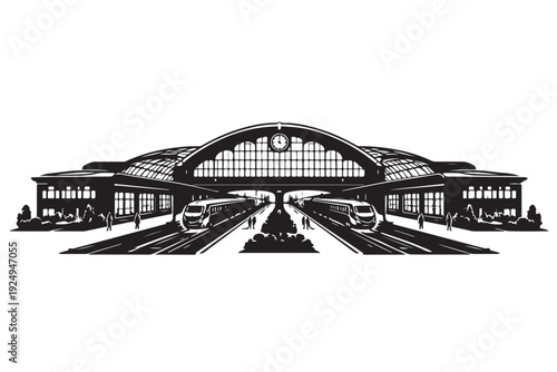 Railway Station Silhouette, Vector Illustration, Isolated on White Background