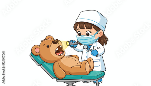 Pediatric Dentist Examining Teddy Bears Teeth with Flashlight.