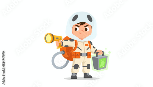 Brave Young Exterminator Character Holding Pest Control Equipment.