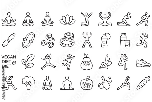 Fitness and Wellness Line Icons for Yoga Workout and Healthy Diet
