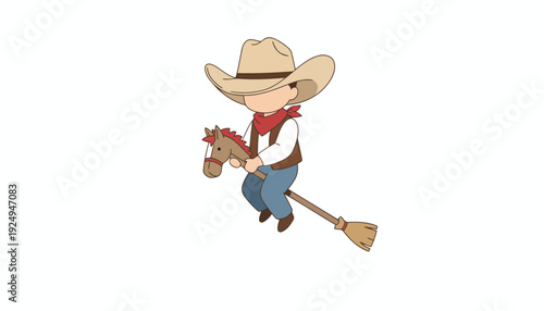Little Cowboy Riding a Broomstick Horse Toy.