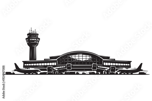 Airport Terminal Silhouette, Vector Illustration, Isolated on White Background