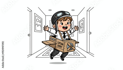Happy Child in Cardboard Airplane Costume Flying with Joy.
