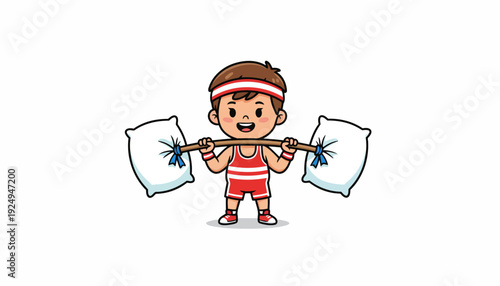 Cute Cartoon Boy Lifting Pillow Barbell Weightlifting.