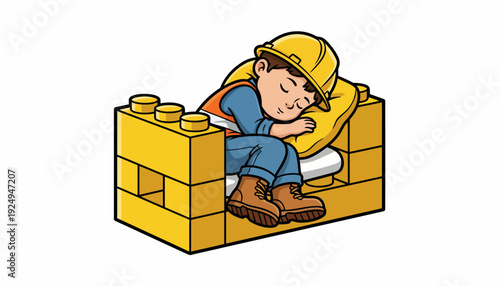 Young Construction Worker Sleeping Peacefully on Block Bed.