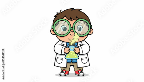 Young Scientist Character Holding Beaker Experimenting with Chemical Reaction.