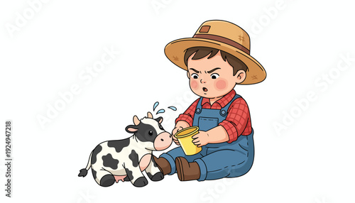 Young Farmer Boy Feeding Calf with Bottle on White Background.