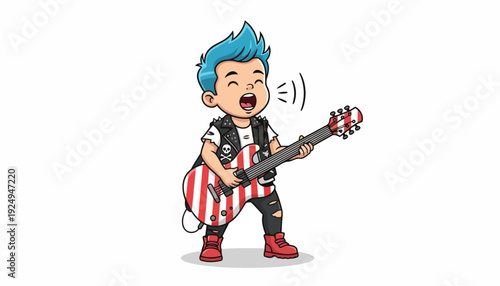 Energetic Young Boy Playing Guitar and Singing with Enthusiasm.