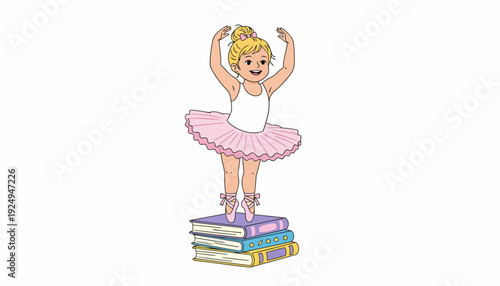 Little Ballerina Girl Standing on Books in Pink Tutu.