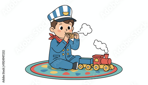 Young Boy Dressed as Train Conductor Playing with Toy Train.