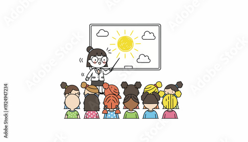 Female Teacher Educating Diverse Group of Young Students in Classroom.