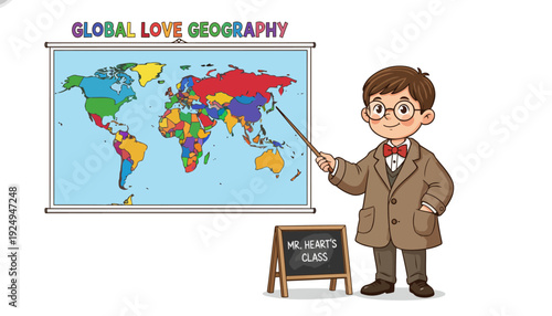 Young Male Teacher Explaining World Map Geography Lesson to Students.