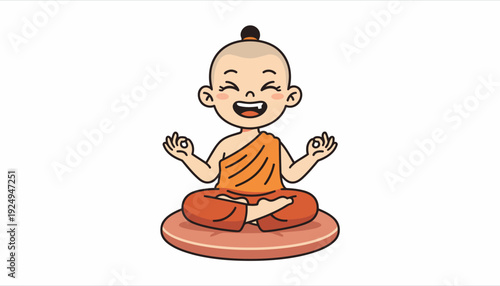 Happy Cartoon Monk Meditating in Lotus Position.