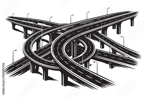 Urban Road Interchange Silhouette, Vector Illustration, Isolated on White Background