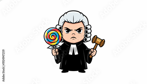 Cute Cartoon Judge Character Holding Lollipop and Gavel.