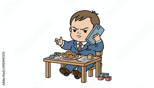 Angry Businessman on Phone at Desk with Food.