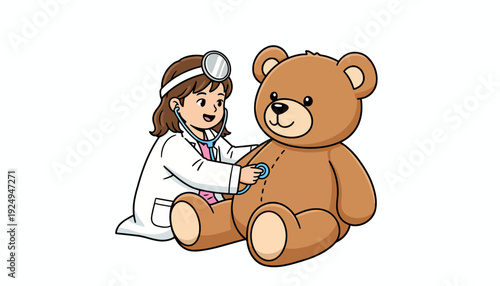 Little girl doctor examining a teddy bear with a stethoscope, playing doctor.