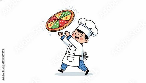 Young Chef Tossing Pizza Dough in a Playful Culinary Scene.