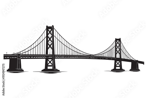 Suspension Bridge Silhouette, Vector Illustration, Isolated on White Background