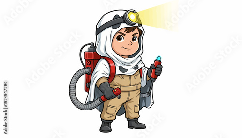 Cartoon Miner Character with Headlamp and Equipment.