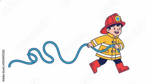 Young Boy Dressed as Firefighter with Hose.