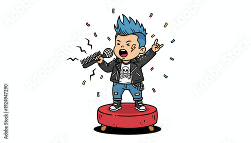 Little Rock Star Character Singing with Microphone.