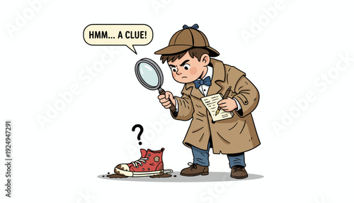 Young Detective Examining Clue with Magnifying Glass.