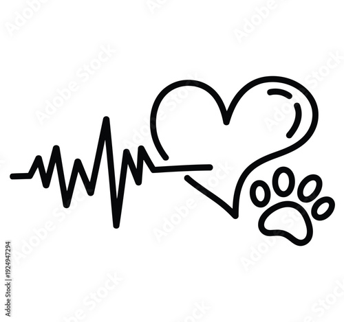 Heartbeat and paw prints symbolizing love and loyalty between humans and pets isolated on white background, Vector, illustration