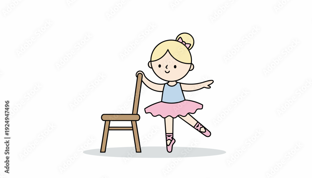 Fototapeta premium Cute Cartoon Ballerina Practicing Ballet with a Chair Adorable Dancer Illustration.