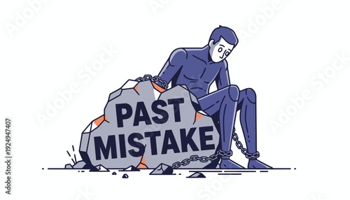 Man chained to a large rock labeled Past Mistake symbolizing burden.