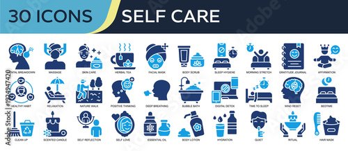Collection of Self Care icons, related to Massage, Skin care, Facial Mask, Healthy Habit, Positive Thinking and more. Solid icons vector illustation.