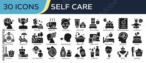 Collection of Self Care icons, related to Massage, Skin care, Facial Mask, Healthy Habit, Positive Thinking and more. Glyph icons vector illustation.
