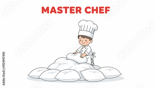 Master Chef Cartoon Character Kneading Dough for Baking.
