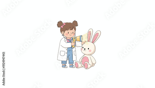 Little Girl Doctor Examining Toy Bunny with Stethoscope.
