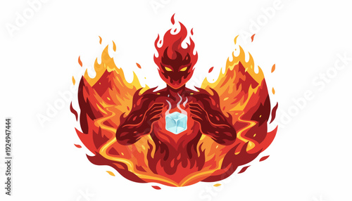 Fiery Elemental Character Holding a Glowing Ice Shard, Intense Power Displayed.