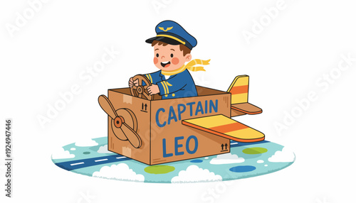 Young boy playing pilot in cardboard airplane imagination adventure.