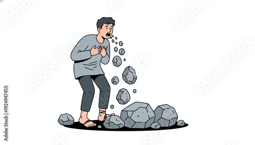 Man Vomiting Rocks Illustration Representing Sickness or Distress.