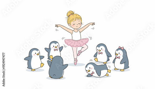 Cute Ballerina Dancing with Adorable Penguins Illustration.