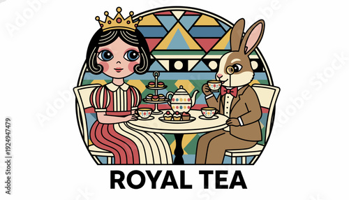 Royal Tea Party with Queen and Rabbit Character Illustration.