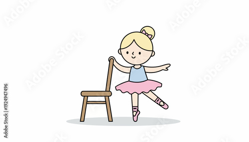 Cute Cartoon Ballerina Practicing Ballet with a Chair Adorable Dancer Illustration.