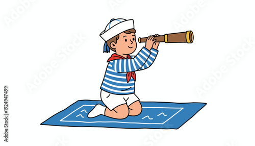 Young Boy Dressed as Sailor Looking Through Spyglass.